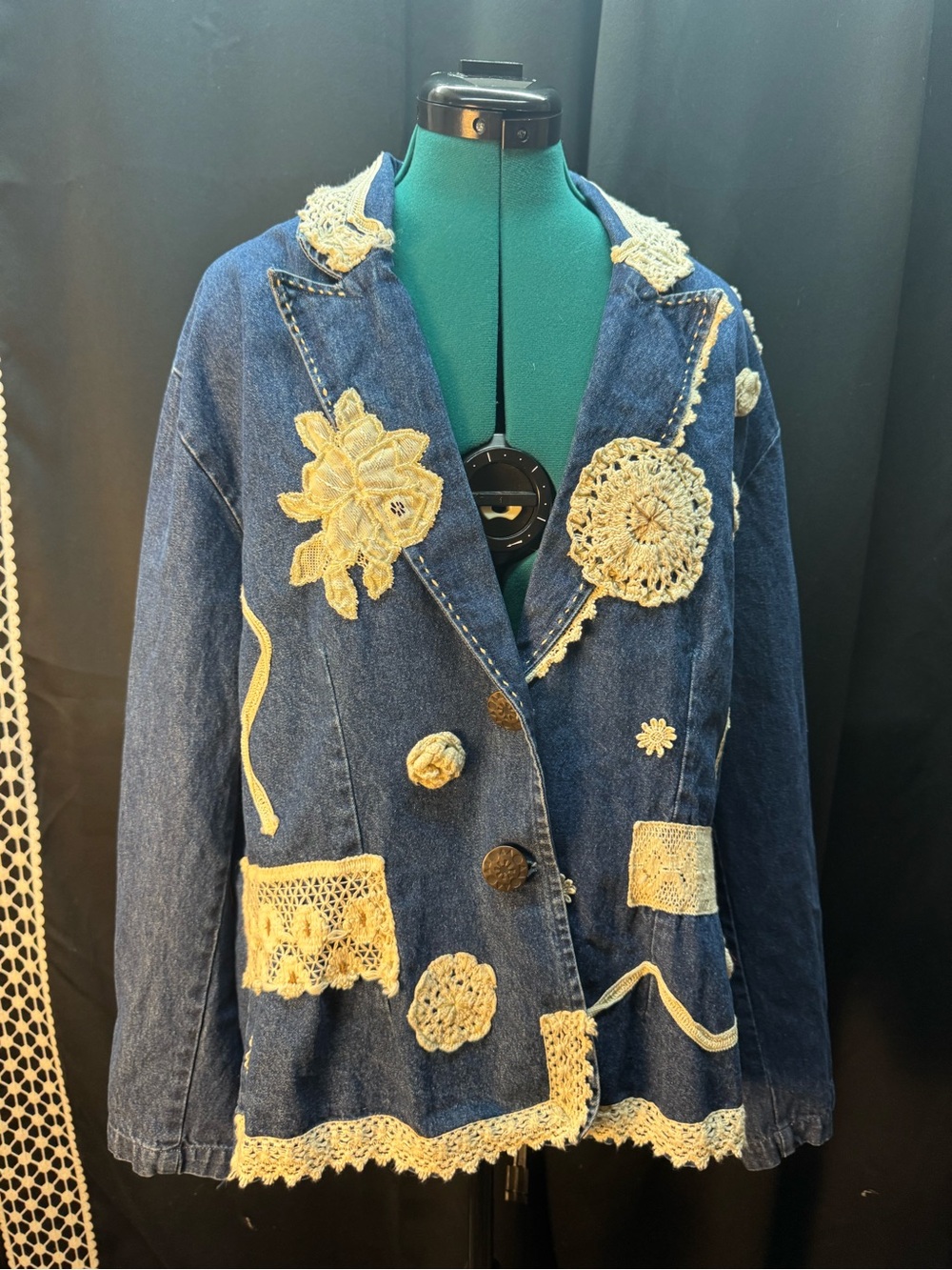 Embroidered Crochet Denim Jacket - Blue with Cream Accents